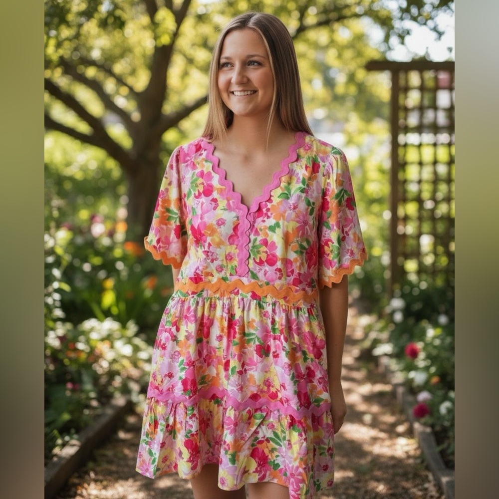 Haptics Colorful Bright Floral Scallop-Trim Summer Dress